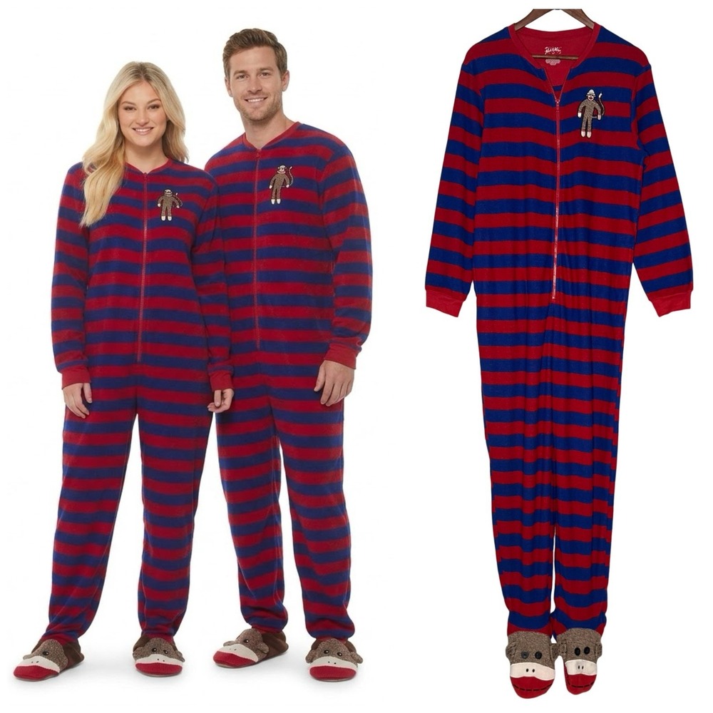 Nick & Nora Blue & Red Striped Fleece Unisex Adult M Sock Monkey Footie Pajamas